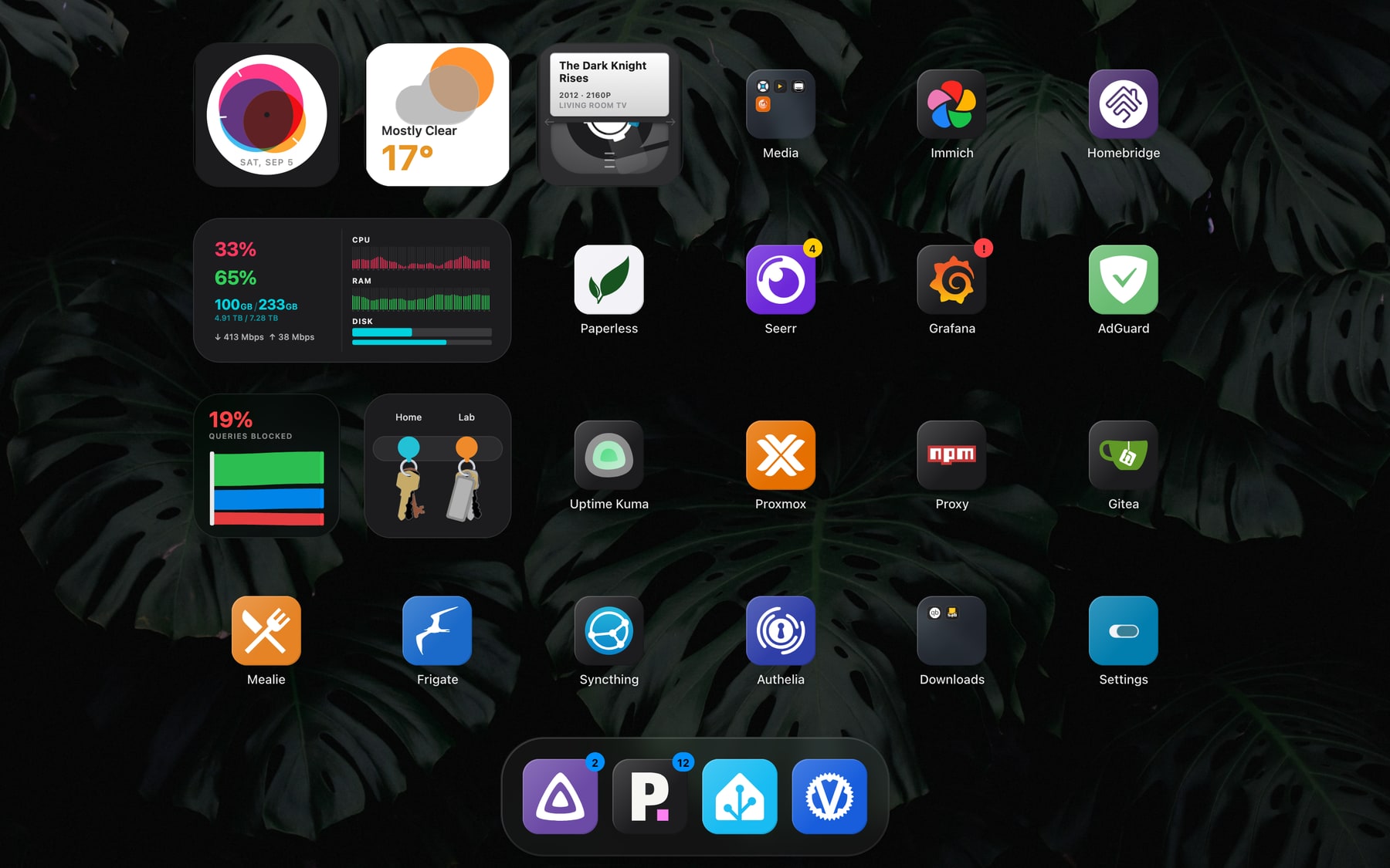 The Stackyard dashboard, showing widgets, app tiles, a folder and the dock.