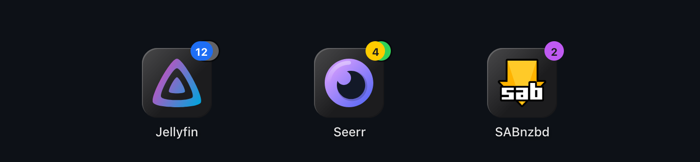 Three app tiles: two badges show a second pill behind them, one does not