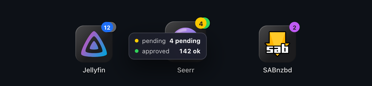 An app tile with its badge list open, showing pending and approved with their values